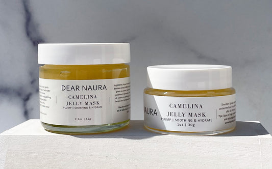 Spa quality refreshing gel mask_Camelina oil, vitamin E, Green tea extract, bilberry, watermelon, bamboo extract for soothing, plumping glowing skin. Fragrance free.